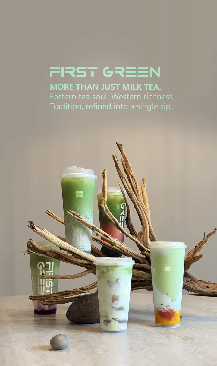 Five FirstGreen matcha drinks on driftwood. More than just milk tea.