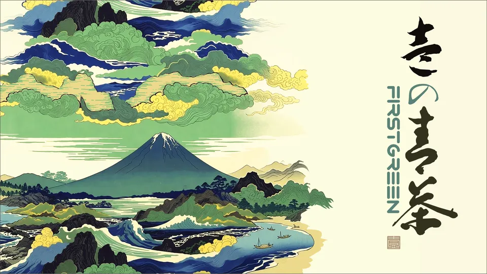 Ukiyo-e style Mt. Fuji artwork with 壱の抹茶 calligraphy